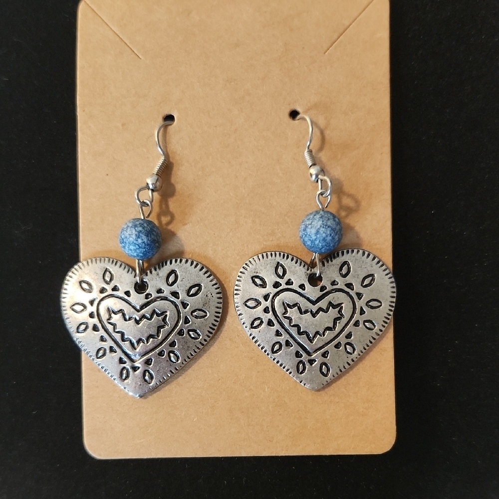 Blue Bead Silver Heart Dangle Earrings - Women Jewelry